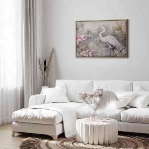 Tableau - Heron wading in a pond - illustration in bright colours