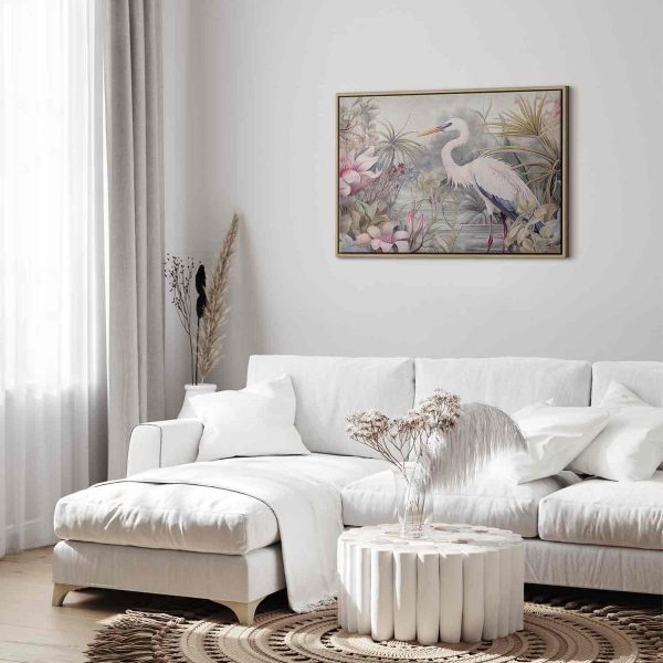 Tableau - Heron wading in a pond - illustration in bright colours