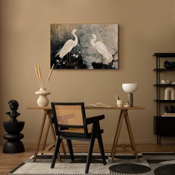 Tableau - Herons and cherry blossoms - oriental-style illustration depicting birds