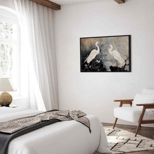 Tableau - Herons and cherry blossoms - oriental-style illustration depicting birds