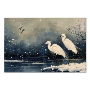 Tableau - Herons over a winter pond - Japanese-style illustration in dark colours