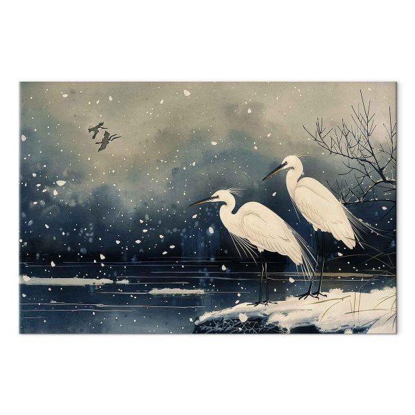 Tableau - Herons over a winter pond - Japanese-style illustration in dark colours