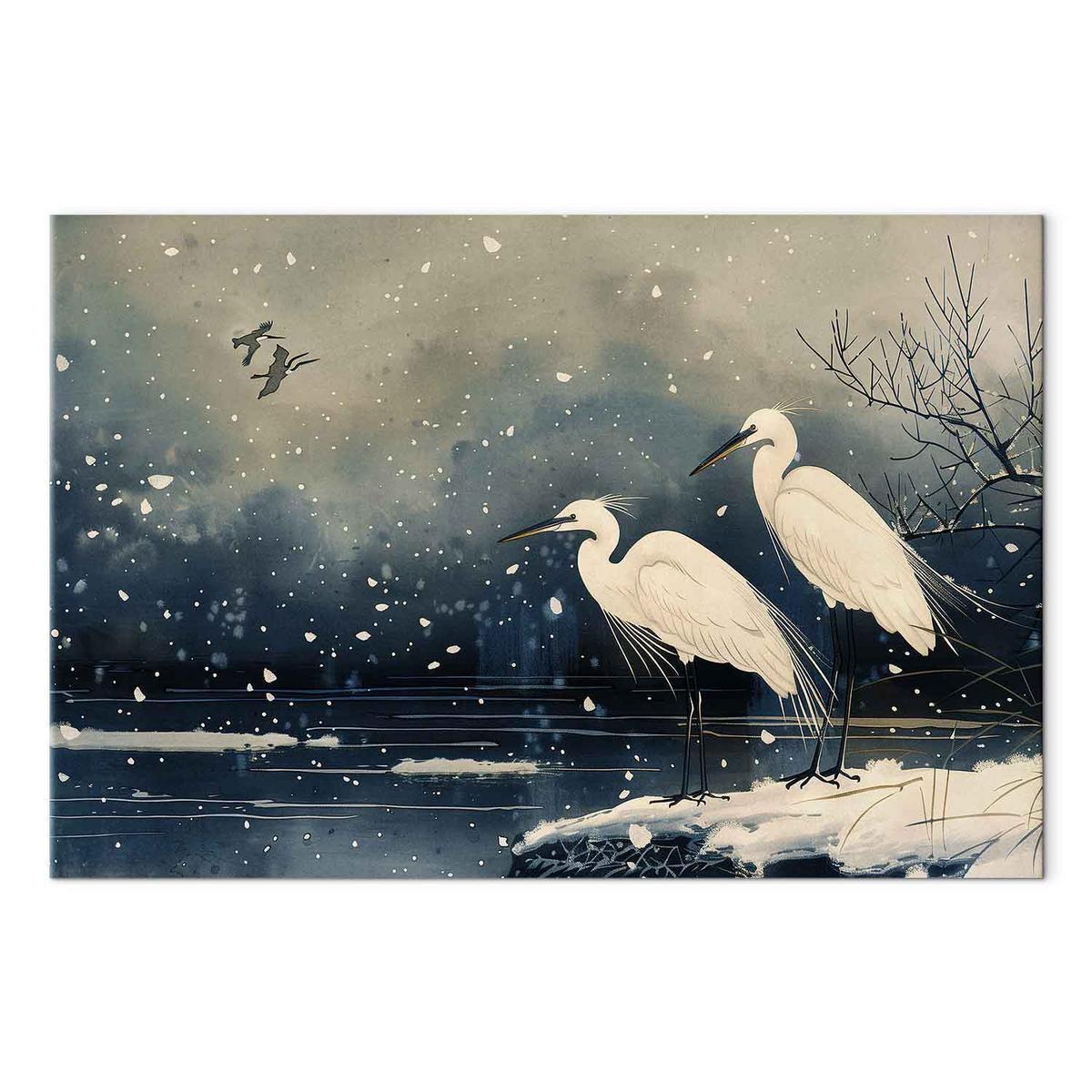 Tableau - Herons over a winter pond - Japanese-style illustration in dark colours