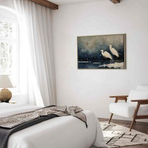 Tableau - Herons over a winter pond - Japanese-style illustration in dark colours