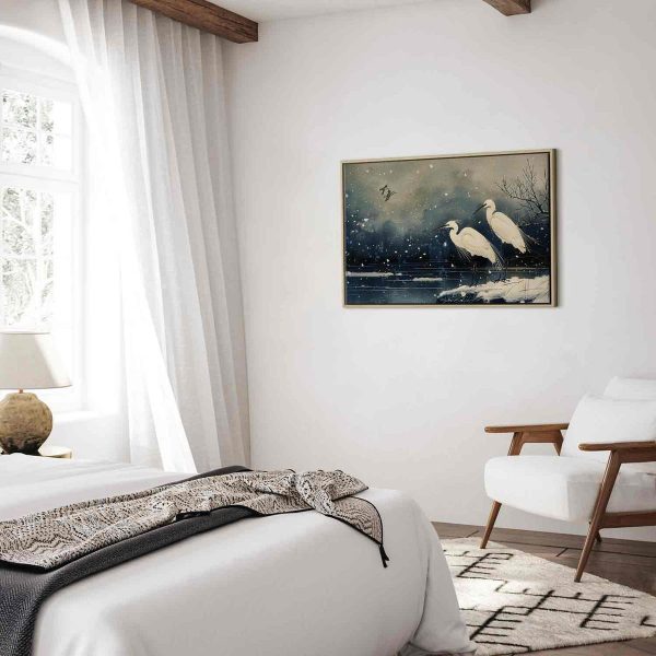 Tableau - Herons over a winter pond - Japanese-style illustration in dark colours