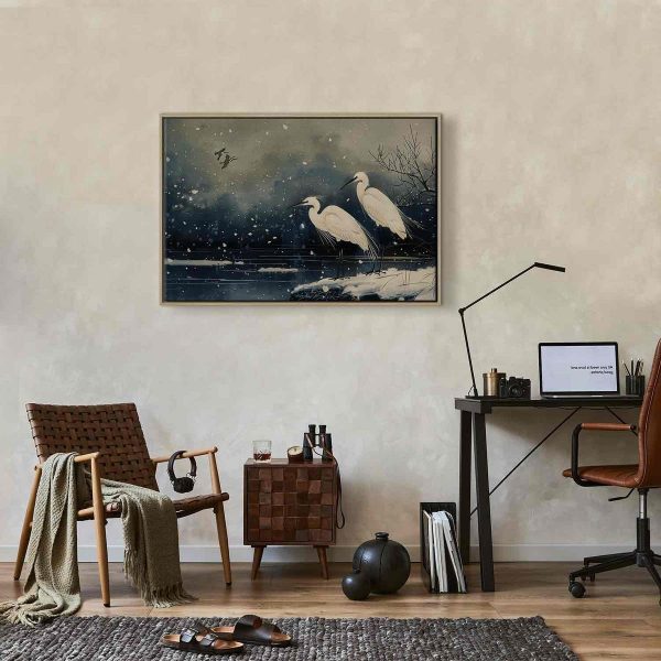 Tableau - Herons over a winter pond - Japanese-style illustration in dark colours