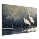 Tableau - Herons over a winter pond - Japanese-style illustration in dark colours