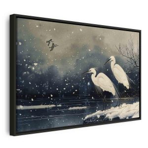 Tableau - Herons over a winter pond - Japanese-style illustration in dark colours