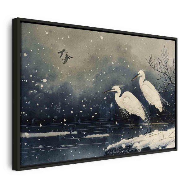 Tableau - Herons over a winter pond - Japanese-style illustration in dark colours