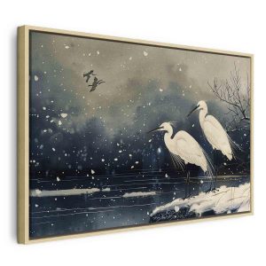 Tableau - Herons over a winter pond - Japanese-style illustration in dark colours