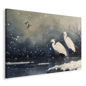 Tableau - Herons over a winter pond - Japanese-style illustration in dark colours
