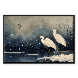 Tableau - Herons over a winter pond - Japanese-style illustration in dark colours