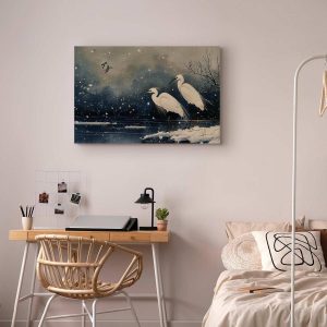 Tableau - Herons over a winter pond - Japanese-style illustration in dark colours