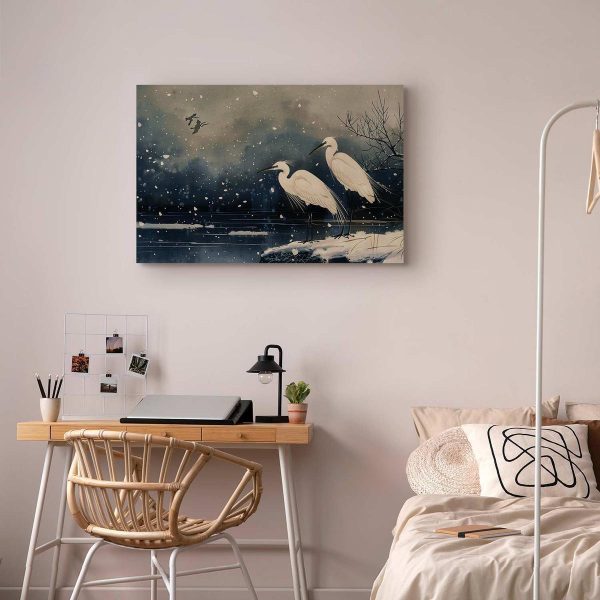 Tableau - Herons over a winter pond - Japanese-style illustration in dark colours