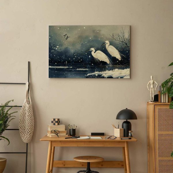 Tableau - Herons over a winter pond - Japanese-style illustration in dark colours