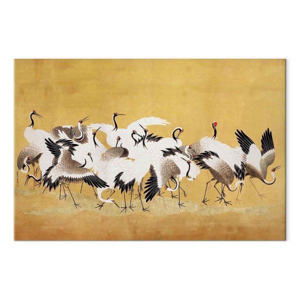 Tableau - Japanese cranes - a flock of birds against a golden background based on a painting by Ishida Yūtei