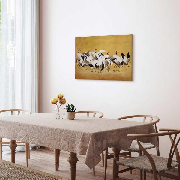 Tableau - Japanese cranes - a flock of birds against a golden background based on a painting by Ishida Yūtei
