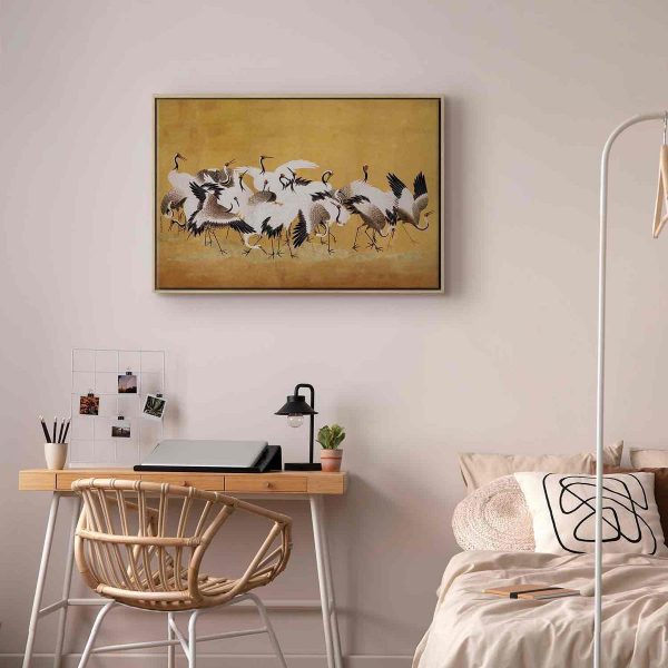 Tableau - Japanese cranes - a flock of birds against a golden background based on a painting by Ishida Yūtei