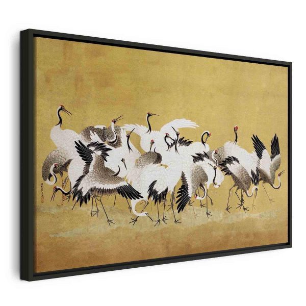 Tableau - Japanese cranes - a flock of birds against a golden background based on a painting by Ishida Yūtei