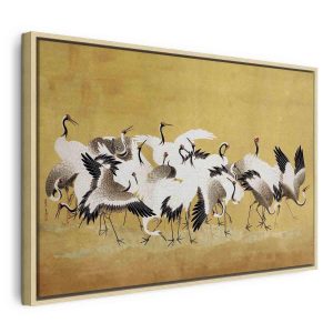 Tableau - Japanese cranes - a flock of birds against a golden background based on a painting by Ishida Yūtei