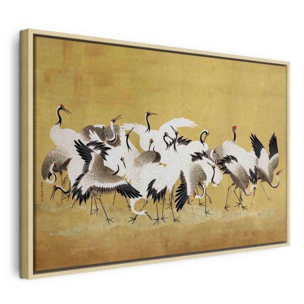Tableau - Japanese cranes - a flock of birds against a golden background based on a painting by Ishida Yūtei