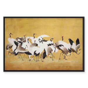 Tableau - Japanese cranes - a flock of birds against a golden background based on a painting by Ishida Yūtei