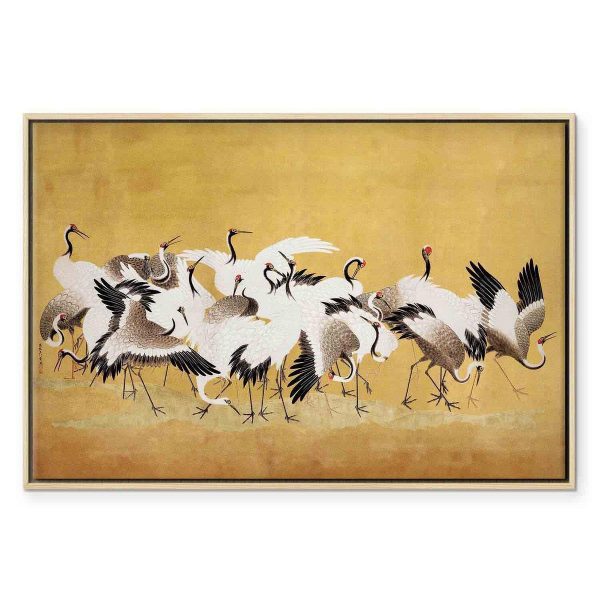Tableau - Japanese cranes - a flock of birds against a golden background based on a painting by Ishida Yūtei