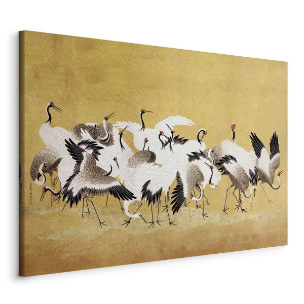 Tableau - Japanese cranes - a flock of birds against a golden background based on a painting by Ishida Yūtei