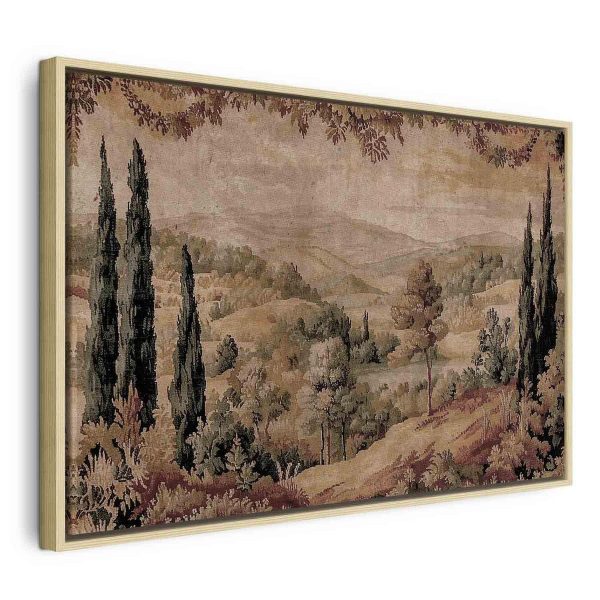 Tableau - Mediterranean landscape - old tapestry with a hill and a lake