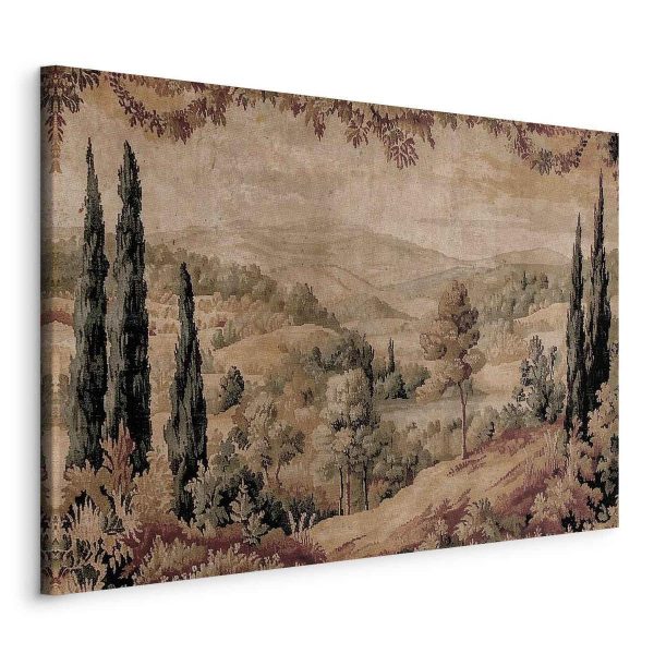 Tableau - Mediterranean landscape - old tapestry with a hill and a lake Tableau - Mediterranean landscape - old tapestry with a hill and a lake