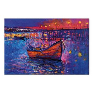 Tableau - Modern impressionism - night landscape of a lake with a floating boat
