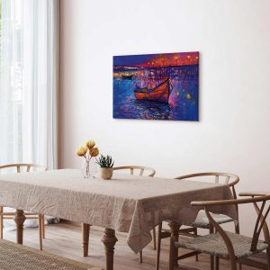 Tableau - Modern impressionism - night landscape of a lake with a floating boat