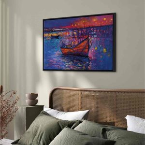 Tableau - Modern impressionism - night landscape of a lake with a floating boat