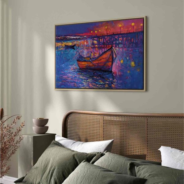 Tableau - Modern impressionism - night landscape of a lake with a floating boat