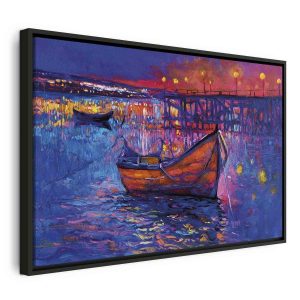 Tableau - Modern impressionism - night landscape of a lake with a floating boat
