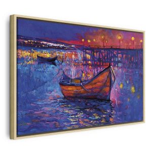 Tableau - Modern impressionism - night landscape of a lake with a floating boat