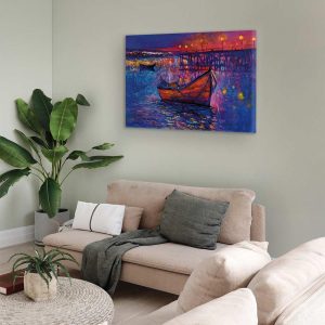 Tableau - Modern impressionism - night landscape of a lake with a floating boat