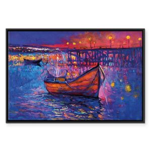 Tableau - Modern impressionism - night landscape of a lake with a floating boat