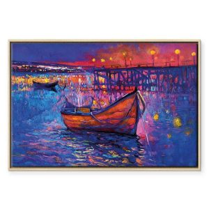 Tableau - Modern impressionism - night landscape of a lake with a floating boat