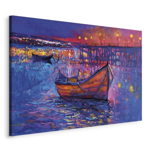 Tableau - Modern impressionism - night landscape of a lake with a floating boat