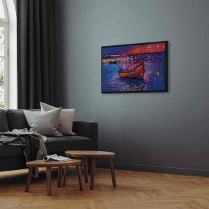 Tableau - Modern impressionism - night landscape of a lake with a floating boat