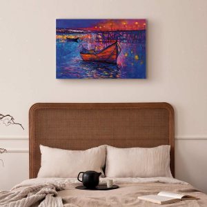 Tableau - Modern impressionism - night landscape of a lake with a floating boat