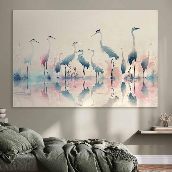 Tableau XXL - Birds by the lake - herons painted in watercolour in delicate grey and pink colours