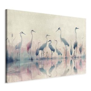 Tableau XXL - Birds by the lake - herons painted in watercolour in delicate grey and pink colours