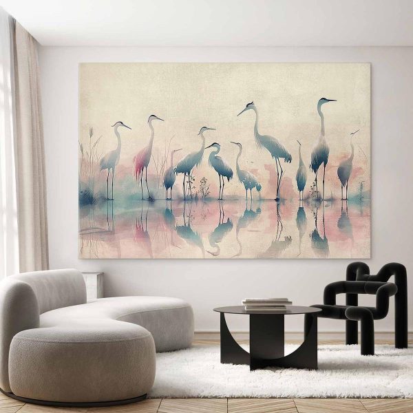 Tableau XXL - Birds by the lake - herons painted in watercolour in delicate grey and pink colours