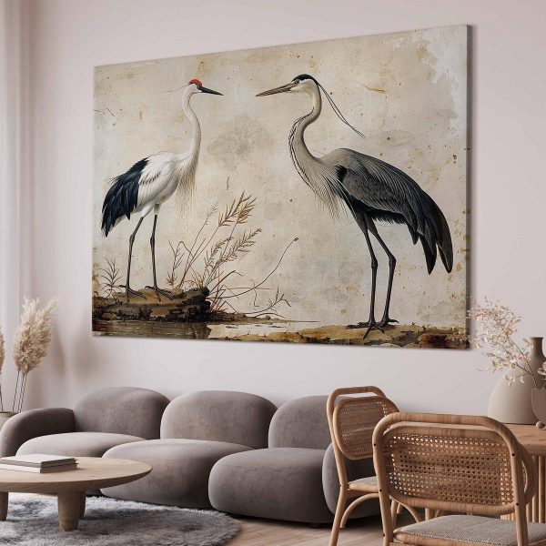 Tableau XXL - Birds from an old engraving - vintage-style illustration depicting a heron and a crane