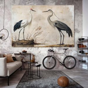 Tableau XXL - Birds from an old engraving - vintage-style illustration depicting a heron and a crane