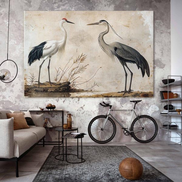 Tableau XXL - Birds from an old engraving - vintage-style illustration depicting a heron and a crane
