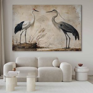 Tableau XXL - Birds from an old engraving - vintage-style illustration depicting a heron and a crane