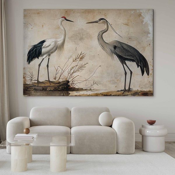 Tableau XXL - Birds from an old engraving - vintage-style illustration depicting a heron and a crane